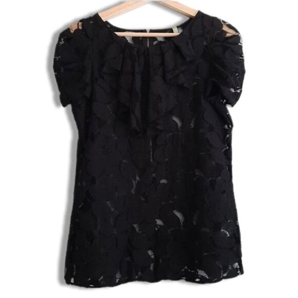 PEPPERMINT Sheer Floral Lace Frill Neck Blouse Black Sz M